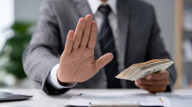 A businessman in a suit holds cash while making a stop gesture with his hand. Concept for rejecting bribery.