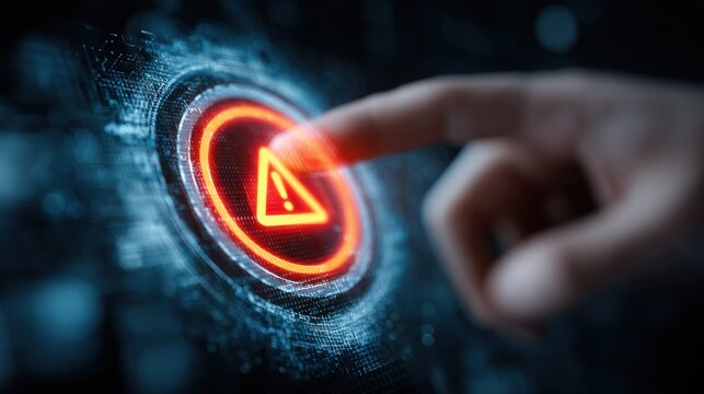 A finger presses a glowing digital warning button on a dark background. Concept for cybersecurity threats.