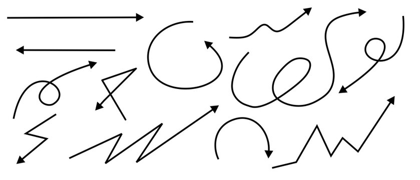 Hand drawn arrow collection with various shapes and directions on white background