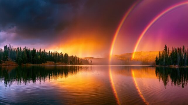 Dramatic double rainbow over a serene lake reflecting vibrant sunset colors. Nature's beauty and hope.