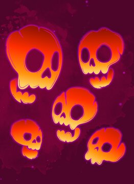 Glowing Halloween Skull Pattern with Spooky Neon Skeleton Faces and Dark Background