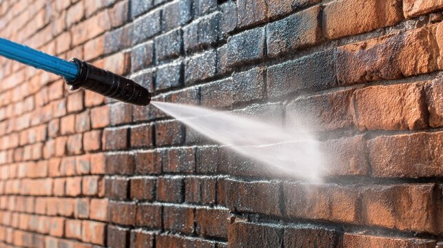 A pressure washer cleans grime off an old brick wall with a powerful water jet. Ideal for home improvement.