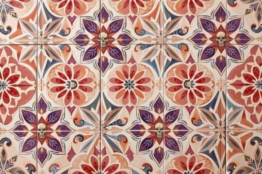A Moroccan zellige tile pattern of interlocking geometric eight pointed stars and crosses holding tiny skull motifs in alternating shades of soft rose and pure white.