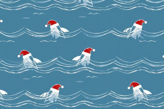 A boho coastal pattern of minimalist, hand drawn whale tails wearing tiny Santa hats diving into abstract wave lines in soft slate blue.