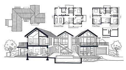 Obraz premium Architectural house plans and section views vector drawing, Isolated on Transparent background png