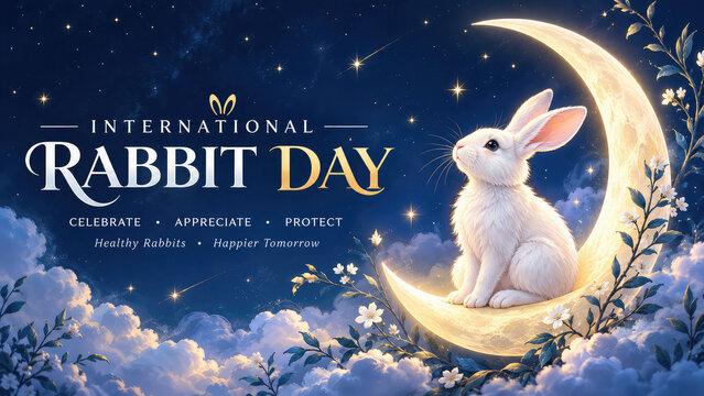 International Rabbit Day &ndash; Magical White Rabbit on Crescent Moon, Enchanted Night Sky Fantasy Illustration