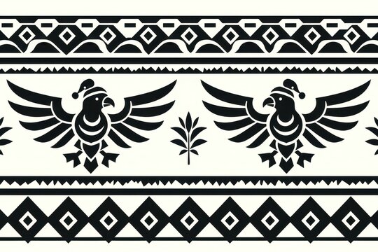 A geometric tribal border design consisting of repeating Aztec inspired thunderbird motifs wearing winter hats and sharp zigzags in black and white.
