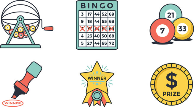 Bingo and lottery vector icon set including cage selector card numbered balls dabber marker winner star badge and prize coin
