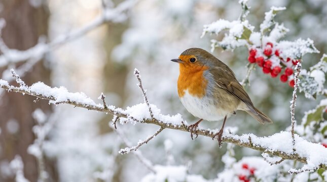European robin perched on a snow covered holly branch in winter