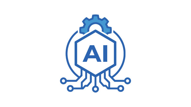 Blue artificial intelligence gear logo vector illustration featuring circuit board lines within a hexagonal shape design