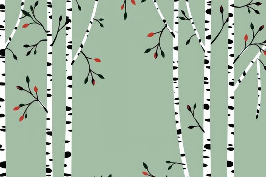 A minimalist botanical pattern of continuous line art birch tree branches falling randomly across a soft, muted sage green background.