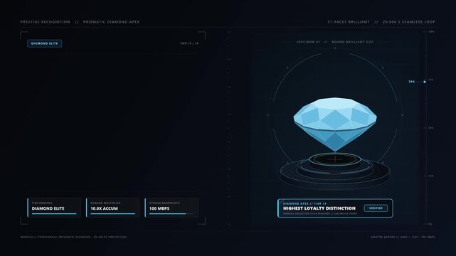 Prismatic diamond badge pedestal animation with glowing reward emblem, premium tier symbolism and polished geometric presentation with Open Copy Space Area for branding or promotional text