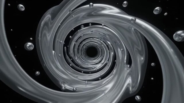 Liquid silver metal spinning in a hypnotic vortex motion animation with floating droplets captured in high resolution digital video footage