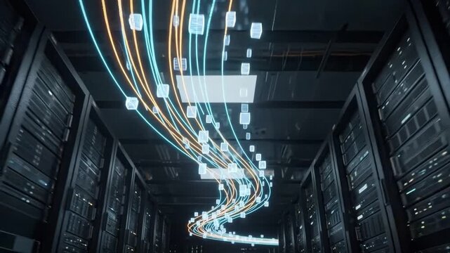 Data Stream in Server Room: Abstract glowing lines and cubes flow through a dark, modern server room, representing digital information transfer and technology.