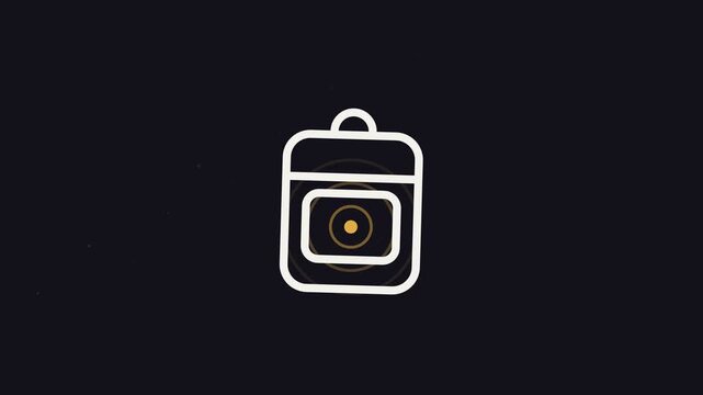 Smart backpack with GPS tracking signal animation, white outline icon with pulsing radar locator waves on dark background