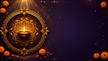 Fototapeta premium Golden ornamental mandala frame with glowing diya oil lamp on deep purple background