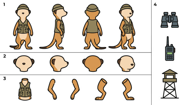 Meerkat Character Rigging Vector Illustration with Model Sheet and Sprite Sheet Elements for 2d