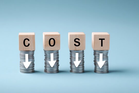 Cost Reduction Concept with Wooden Blocks on Stacks of Silver Coins