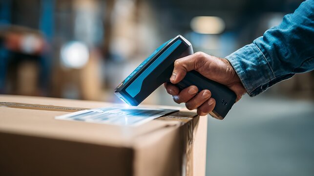 Worker Scanning Barcode on Cardboard Box in Modern Warehouse
