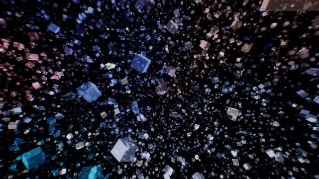 Semi transparent glass cubes disperse and float across dark space with subtle blue and pink illumination in a 3D motion background