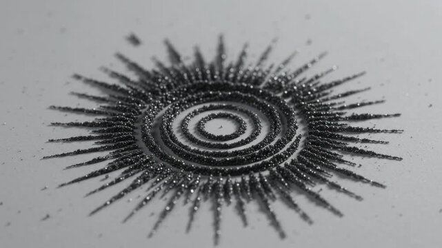 Magnetic iron filings forming concentric circles and radial patterns on white surface creating mesmerizing scientific physics demonstration motion video clip