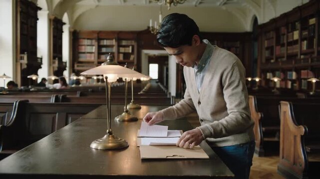 Opening manila folder, cardigan-clad man filing research at library table by brass lamps