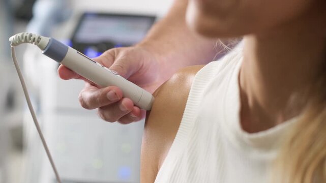 Physiotherapist using a therapeutic ultrasound device on a patient&rsquo;s shoulder during a rehabilitation and physical therapy treatment.