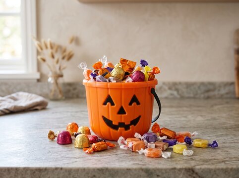 Trick or treat candy in orange pumpkin bucket on kitchen counter  