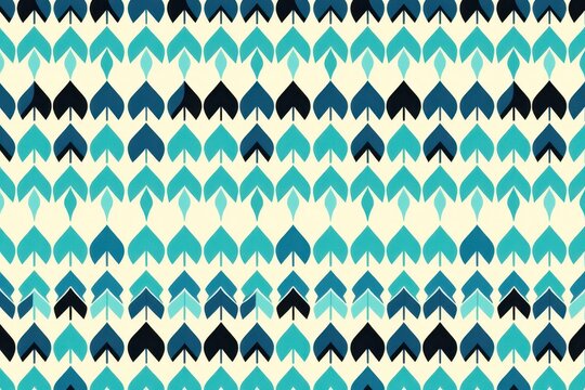 A tribal geometric seamless pattern featuring dense, repeating rows of sharp, interlocking arrowheads resembling falling icicles in vibrant turquoise, black, and white.