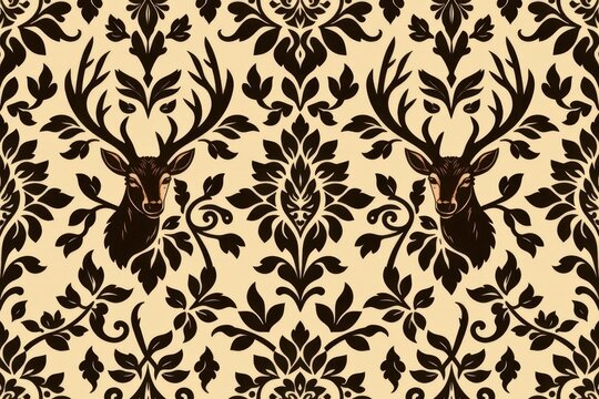 An ornamental damask pattern of regal, symmetrical deer heads surrounded by intricate, scrolling woodland pine foliage in antique bronze and dark brown.