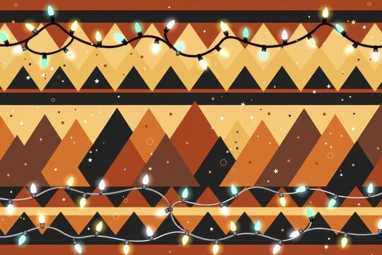 A geometric tribal border pattern of thick, interlocking stepped pyramids and bold vertical stripes wrapped in Christmas lights in earthy shades of terracotta and charcoal.
