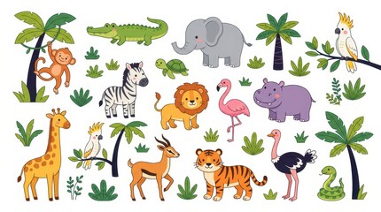 Fototapeta premium Cute Cartoon Wild Animal Collection with Jungle Plants and Tropical Trees Isolated on White Background for Kids Education