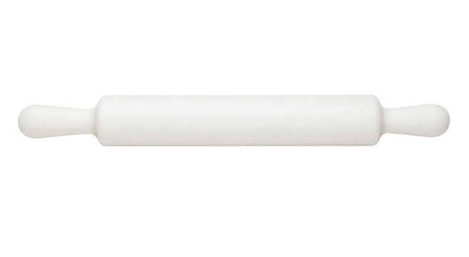 Simple white plastic rolling pin, commonly used for baking and dough preparation, isolated on a clean white background