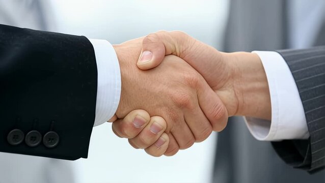 Two business professionals shaking hands in a modern office during a meeting