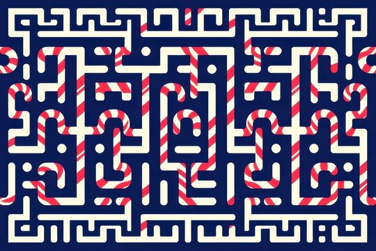 A geometric tribal border design of repeating, interlocking Greek key motifs creating a continuous, intricate maze pattern filled with tiny candy canes in bold navy and white.