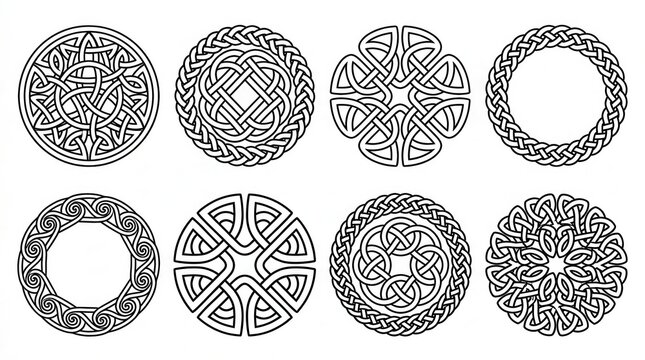 Set of Eight Circular Celtic Knot Designs, Traditional Irish and Scottish Interlocking Patterns for Graphic Design and Tattoos.