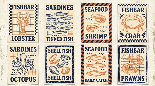 Vintage Seafood Poster Collection with Lobster Crab Shrimp Octopus and Sardines Illustrations for Restaurant Decor