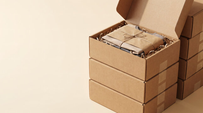 Stacked cardboard shipping boxes with one open showing garment