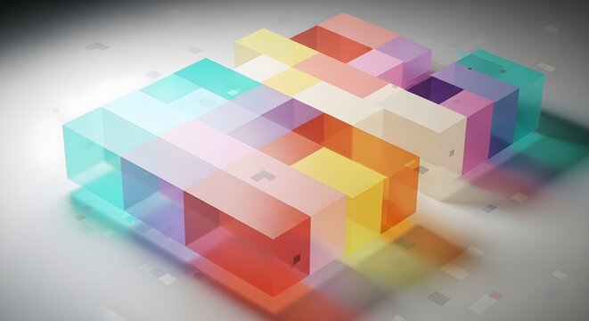 Vibrant Abstract 3D Glass Blocks featuring translucent colorful geometric cubes arranged in a grid on a clean white surface ideal for technology backgrounds and data visualization.
