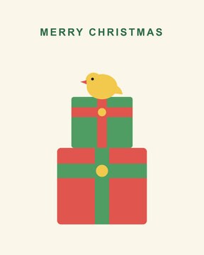 Minimalist christmas card with a cute yellow bird on gift boxes