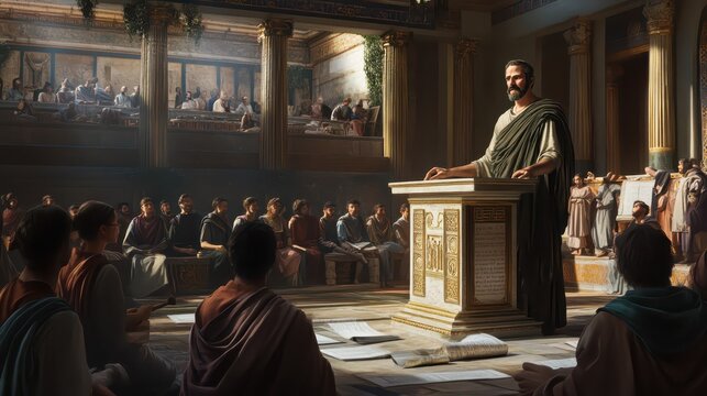 Roman Senator Delivering Speech in Ancient Forum &ndash; Historical Political Scene with Focused Audience and Detailed Architecture