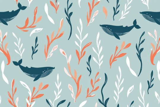 A boho coastal pattern of minimalist hand drawn whale tails intertwined with ghostly kelp in soft slate blue and pale orange.