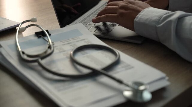 Hands typing on laptop beside stethoscope and medical paperwork, showing health insurance document review, healthcare administration and records management.