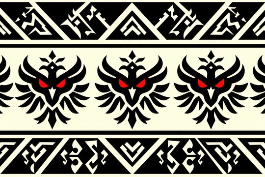 A geometric tribal border design consisting of repeating Aztec inspired thunderbird motifs with glowing red eyes and sharp zigzags in black and white.