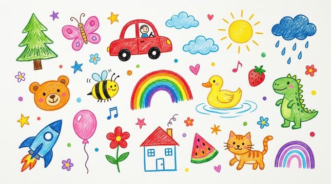 Colorful Hand Drawn Children's Doodles with Animals, Nature, and Transport Elements on White Background