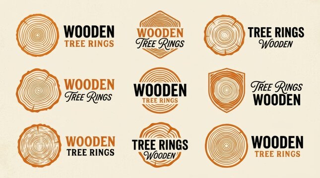 Collection of Vintage Wooden Tree Rings Logo Badges and Design Elements for Woodcraft and Carpentry Branding