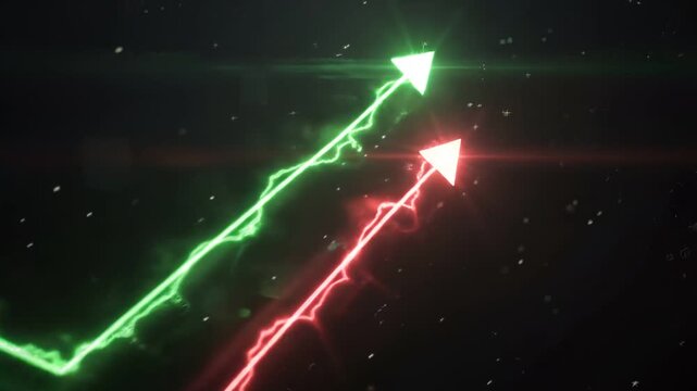 Upward Arrows of Progress: Two glowing arrows, one green and one red, surge upwards against a dark, starry background, symbolizing growth, progress, or fluctuating market trends.