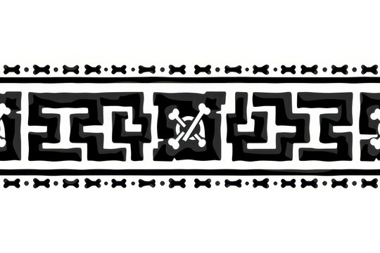A geometric tribal border pattern of repeating interlocking Greek key motifs framing tiny bone shapes in bold black on a stark white background.