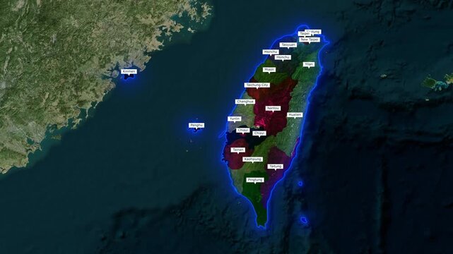 3D Animated Map of Taiwan Highlighting Surrounding Seas, Administrative Counties, Flag Overlay, and Maritime Geography