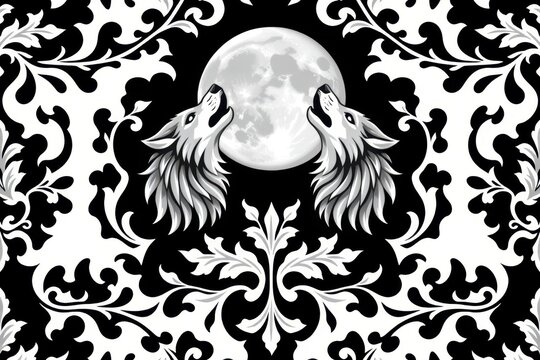 A classic ornamental damask pattern of symmetrical stylized wolf heads howling at the moon surrounded by sweeping acanthus leaves in charcoal and silver.